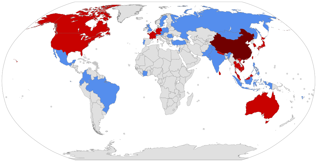 Distribución mundial del Cepa de 2019-nCoV. Rojo: confirmado, azul: sospechado