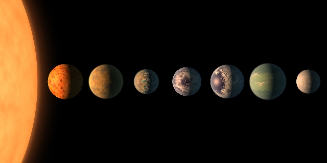 TRAPPIST-1 basado en la información obtenida por las observaciones del Telescopio Espacial Spitzer. Concepto de un artista de la NASA TRAPPIST-1 basado en la información obtenida por las observaciones del Telescopio Espacial Spitzer. Concepto de un artista de la NASA