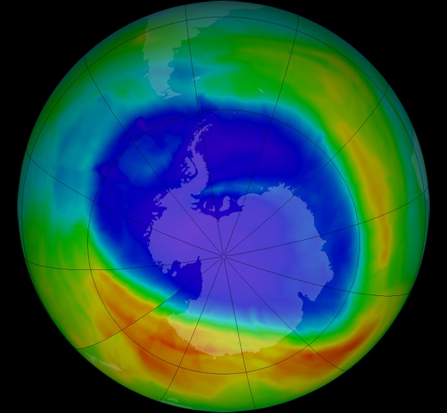 El agujero de la capa de ozono sobre la Antártida cambia de forma y tamaño cada año. NASA El agujero de la capa de ozono sobre la Antártida cambia de forma y tamaño cada año. NASA